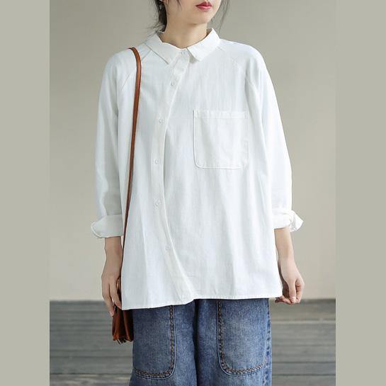 Organic White Tops Women Blouses Lapel Pockets Loose Spring Blouses