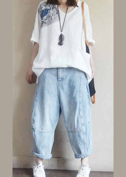 Organic White V Neck Print Asymmetrical Design Fall Half Sleeve Shirt Tops