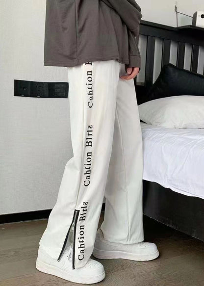 Organic White Zip Up Pockets Graphic Cotton Pants Fall