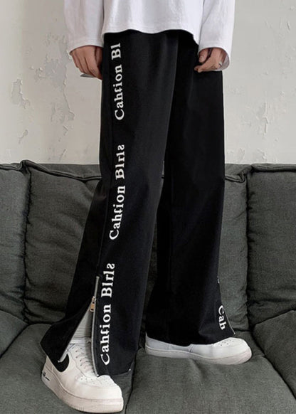 Organic White Zip Up Pockets Graphic Cotton Pants Fall