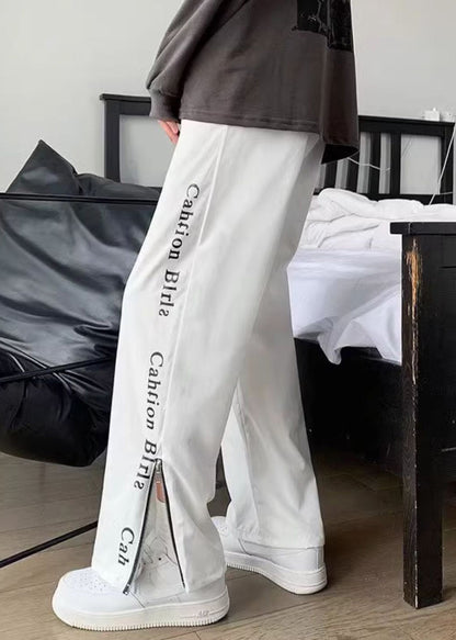 Organic White Zip Up Pockets Graphic Cotton Pants Fall