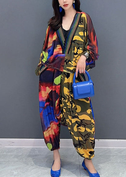 Organic Yellow Camouflage V Neck Asymmetrical Print Top and Harem Pants Two Piece Set Fall
