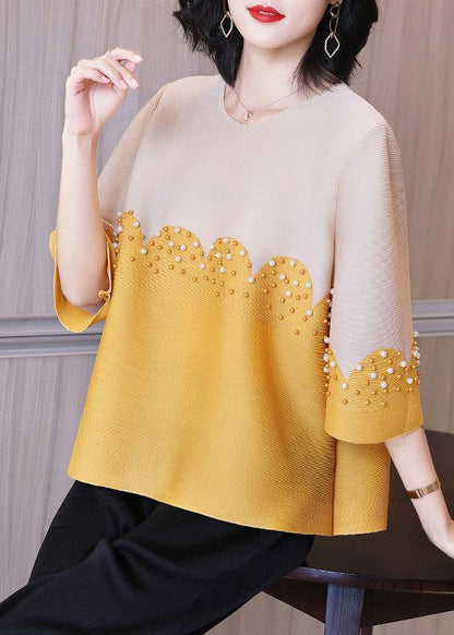Organic Yellow Patchwork Nail Bead Shirt Top Short Sleeve