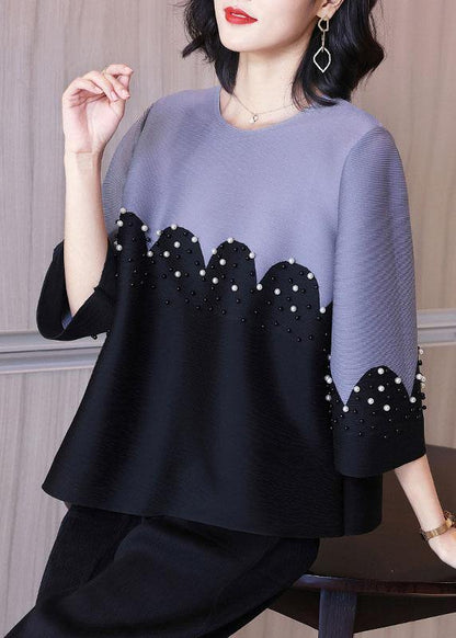 Organic Pink Pearl Beads Shirt Top Short Sleeve Blouse