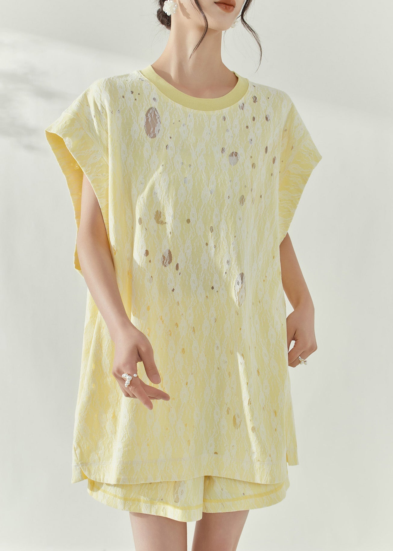 Organic Yellow Print Cotton Top and Shorts Two-piece Set Short Sleeve
