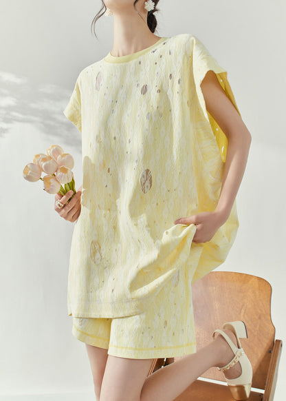 Organic Yellow Print Cotton Top and Shorts Two-piece Set Short Sleeve