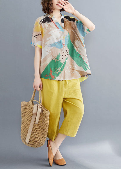 Organic Yellow V Neck Print Patchwork Tops and Pants Cotton Two Pieces Set Summer