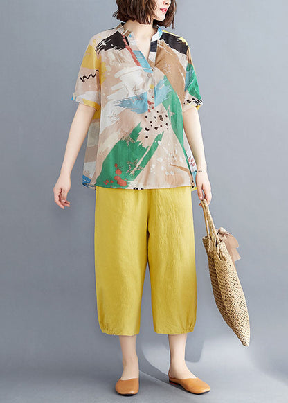 Organic Yellow V Neck Print Patchwork Tops and Pants Cotton Two Pieces Set Summer