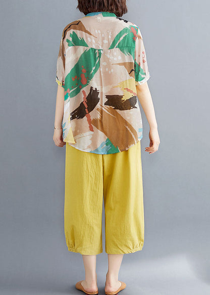 Organic Yellow V Neck Print Patchwork Tops and Pants Cotton Two Pieces Set Summer