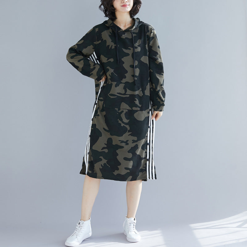Organic Army Green Print Cotton Quilting Dresses Korea Work Outfits Hooded a Line Spring Dresses