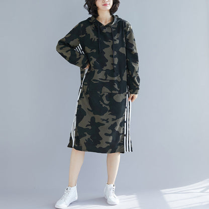 Organic Army Green Print Cotton Quilting Dresses Korea Work Outfits Hooded a Line Spring Dresses