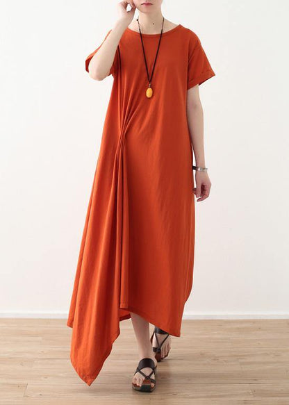 Organic Asymmetric Design Hem Linen Clothes Short Sleeve Long Orange Dresses