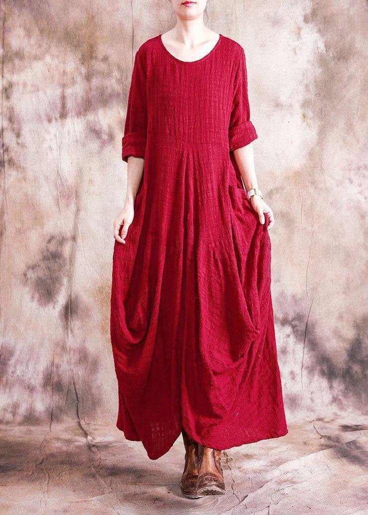 Organic Asymmetric Linen Clothes for Fabrics Red Dress Fall