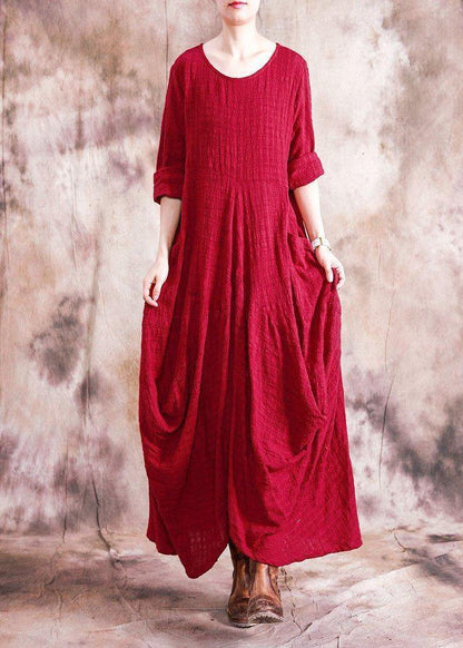 Organic Asymmetric Linen Clothes for Fabrics Red Dress Fall