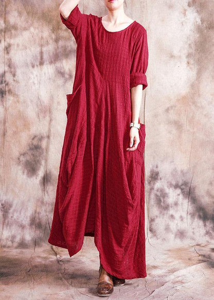 Organic Asymmetric Linen Clothes for Fabrics Red Dress Fall