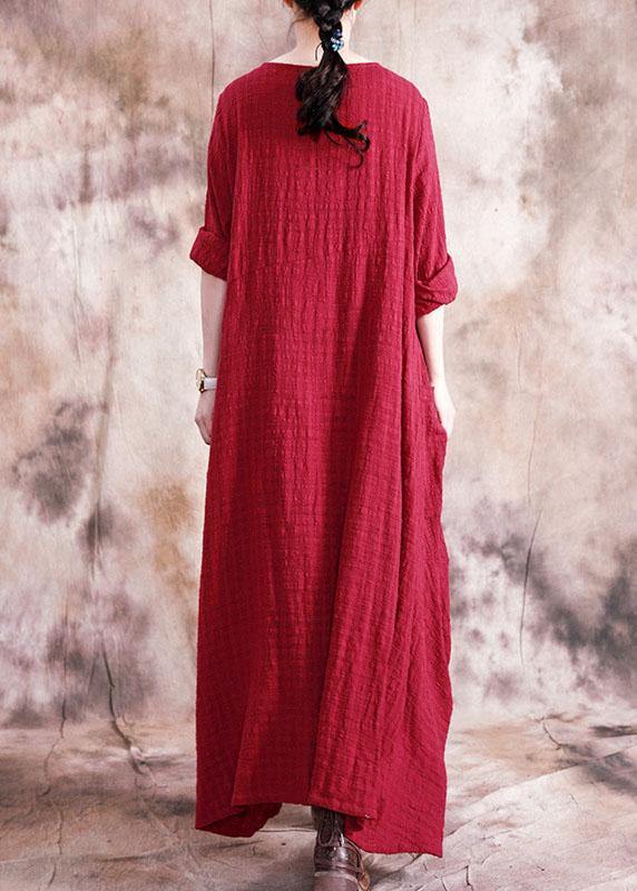 Organic Asymmetric Linen Clothes for Fabrics Red Dress Fall