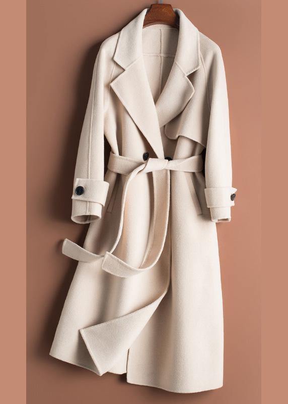 Organic Beige Crane Woolen Coats Work Notched Tie Waist Woolen Coats