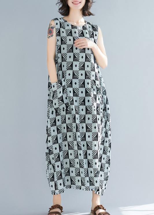 Organic Black Geometric Cotton O Neck Sleeveless Long Summer Dresses