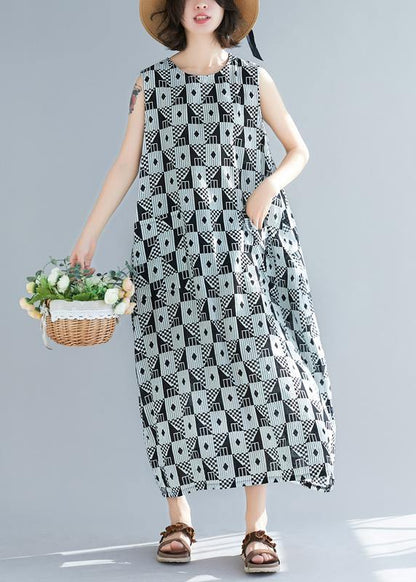 Organic Black Geometric Cotton O Neck Sleeveless Long Summer Dresses