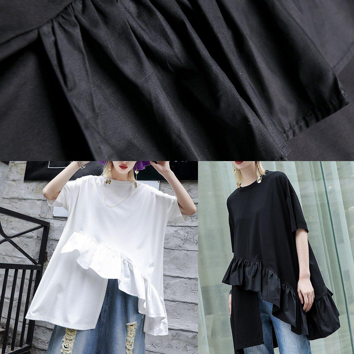 Organic Black Cotton Blouse Rrffles Hem Oversized Summer Tops