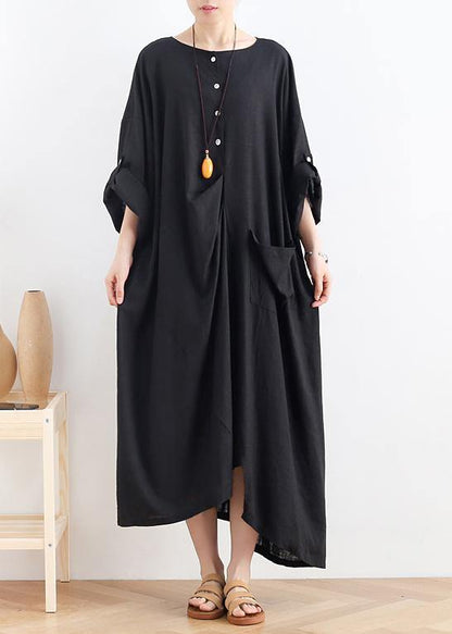 Organic Black Cotton Dresses O Neck Asymmetric Maxi Summer Dresses