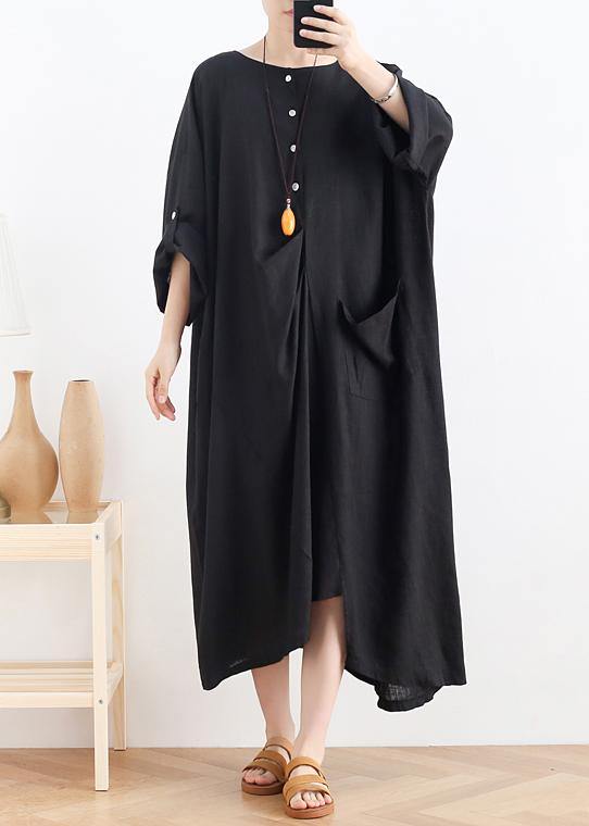 Organic Black Cotton Dresses O Neck Asymmetric Maxi Summer Dresses