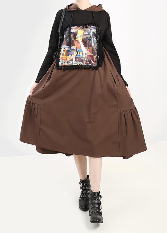 Organic Black Cotton Outfit Hooded Patchwork Dress