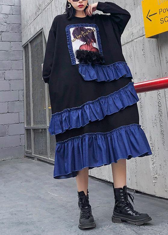 Organic Black Cotton Pattern Ruffles Patchwork Kaftan Dress
