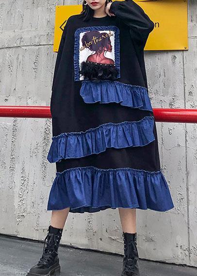 Organic Black Cotton Pattern Ruffles Patchwork Kaftan Dress