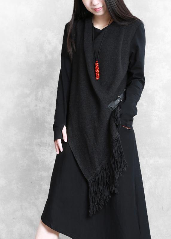 Organic Black Cotton Quilting Clothes False Two Pieces a Line Asymmetric Dresses