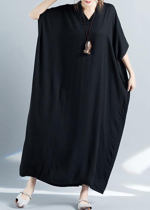 Organic Black Cotton Quilting Dresses V Neck Baggy Long Summer Dresses
