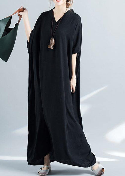 Organic Black Cotton Quilting Dresses V Neck Baggy Long Summer Dresses