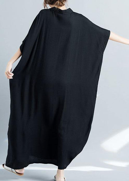 Organic Black Cotton Quilting Dresses V Neck Baggy Long Summer Dresses