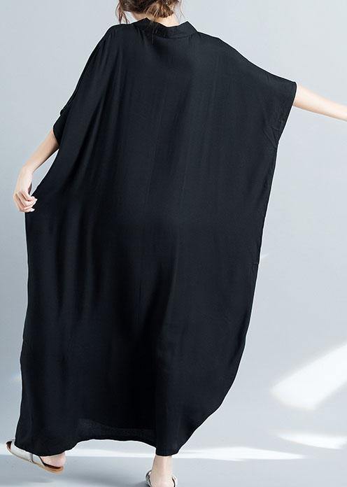 Organic Black Cotton Quilting Dresses V Neck Baggy Long Summer Dresses