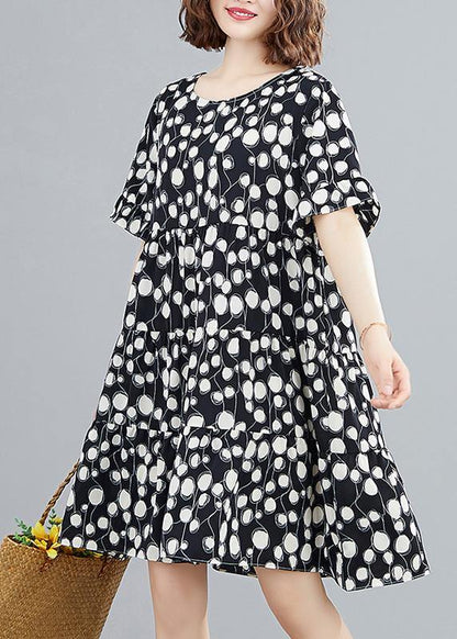 Organic Black Dotted Clothes O Neck Patchwork Knee Dress