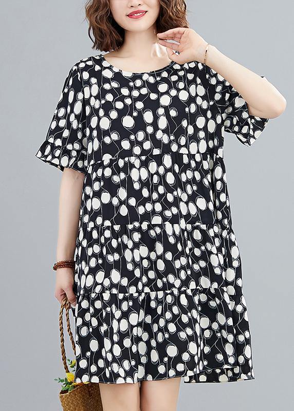 Organic Black Dotted Clothes O Neck Patchwork Knee Dress