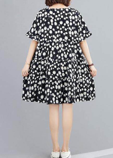 Organic Black Dotted Clothes O Neck Patchwork Knee Dress