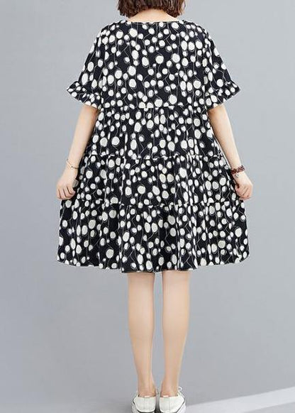Organic Black Dotted Clothes O Neck Patchwork Knee Dress