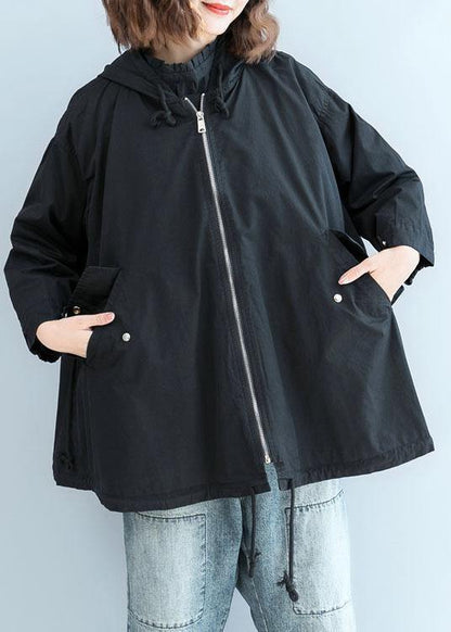 Organic Black Hooded Fine Clothes Sleeve Zippered Fall Short Coats