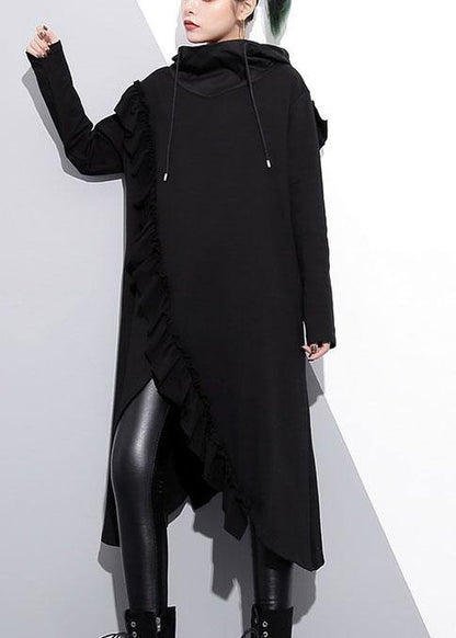 Organic Black Hooded Cotton Clothes Ruffles Long Fall Dress