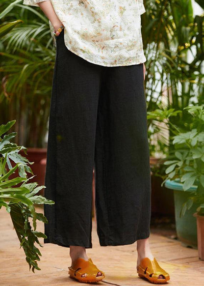 Organic Black Linen Clothes for Pockets Long Elastic Waist Wide Leg Pants