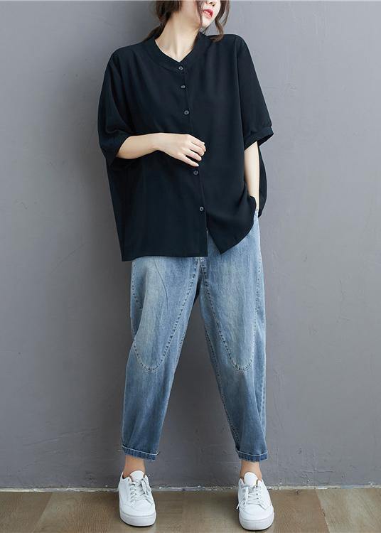 Organic Black Linen Tunic Top Stand Collar Summer Blouse