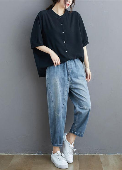 Organic Black Linen Tunic Top Stand Collar Summer Blouse