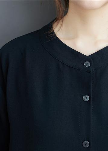Organic Black Linen Tunic Top Stand Collar Summer Blouse