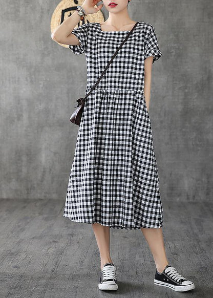 Organic Black Plaid Linen Cotton Quilting Clothes Square Collar Patchwork Cotton Summer Dress