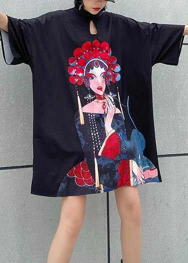 Organic Black Print Cotton Clothes Stand Collar a Line Summer Dress