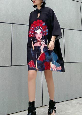Organic Black Print Cotton Clothes Stand Collar a Line Summer Dress