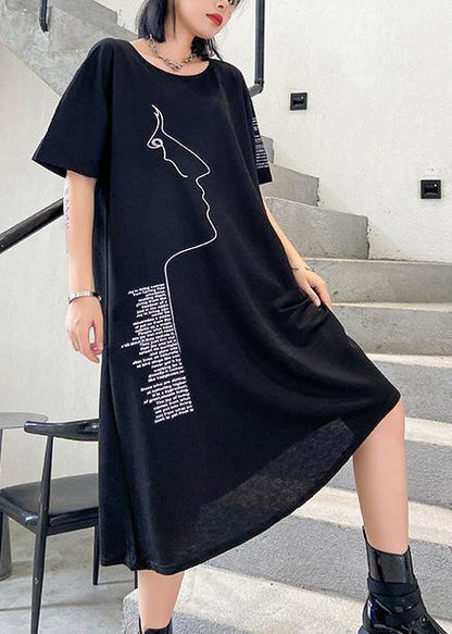 Organic Black Print Cotton O Neck Asymmetric Oversized Summer Dresses