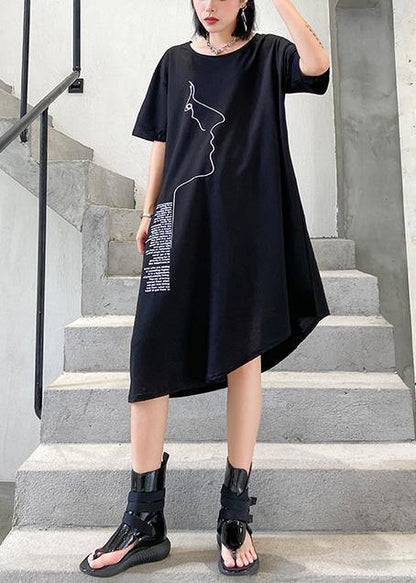 Organic Black Print Cotton O Neck Asymmetric Oversized Summer Dresses