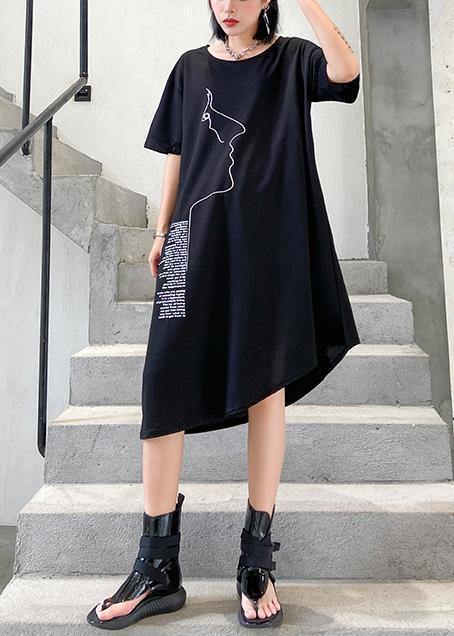 Organic Black Print Cotton O Neck Asymmetric Oversized Summer Dresses